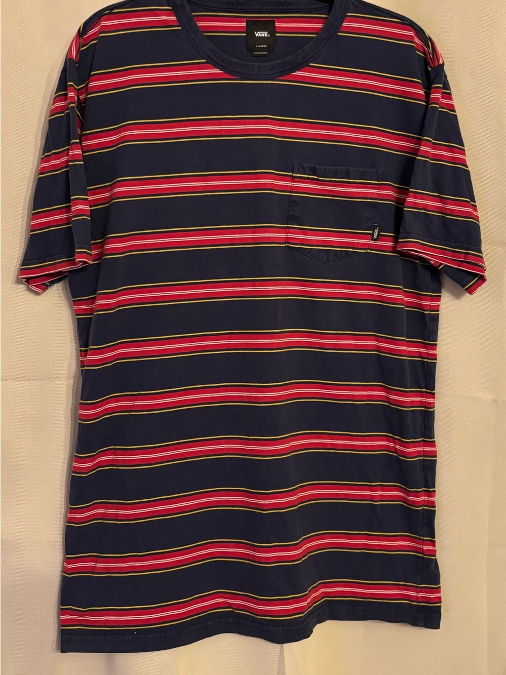 Vintage Vans Navy with Red Heavy weight Stripe Pocket Tee 100% cotton 1990s